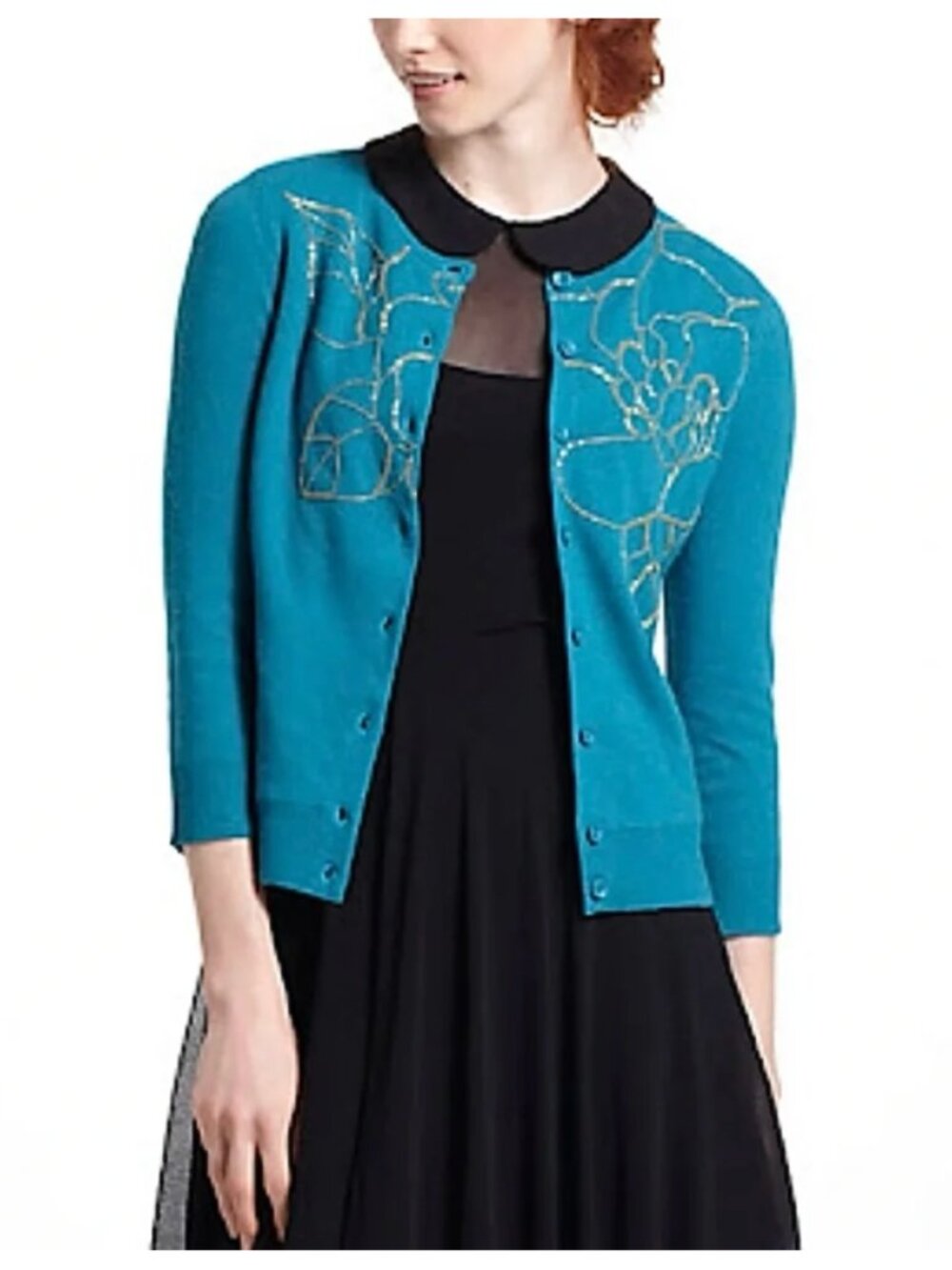 Tabitha Gilt Floribunda Floral Cardigan Sweater Blue Gold Size S Anthropologie